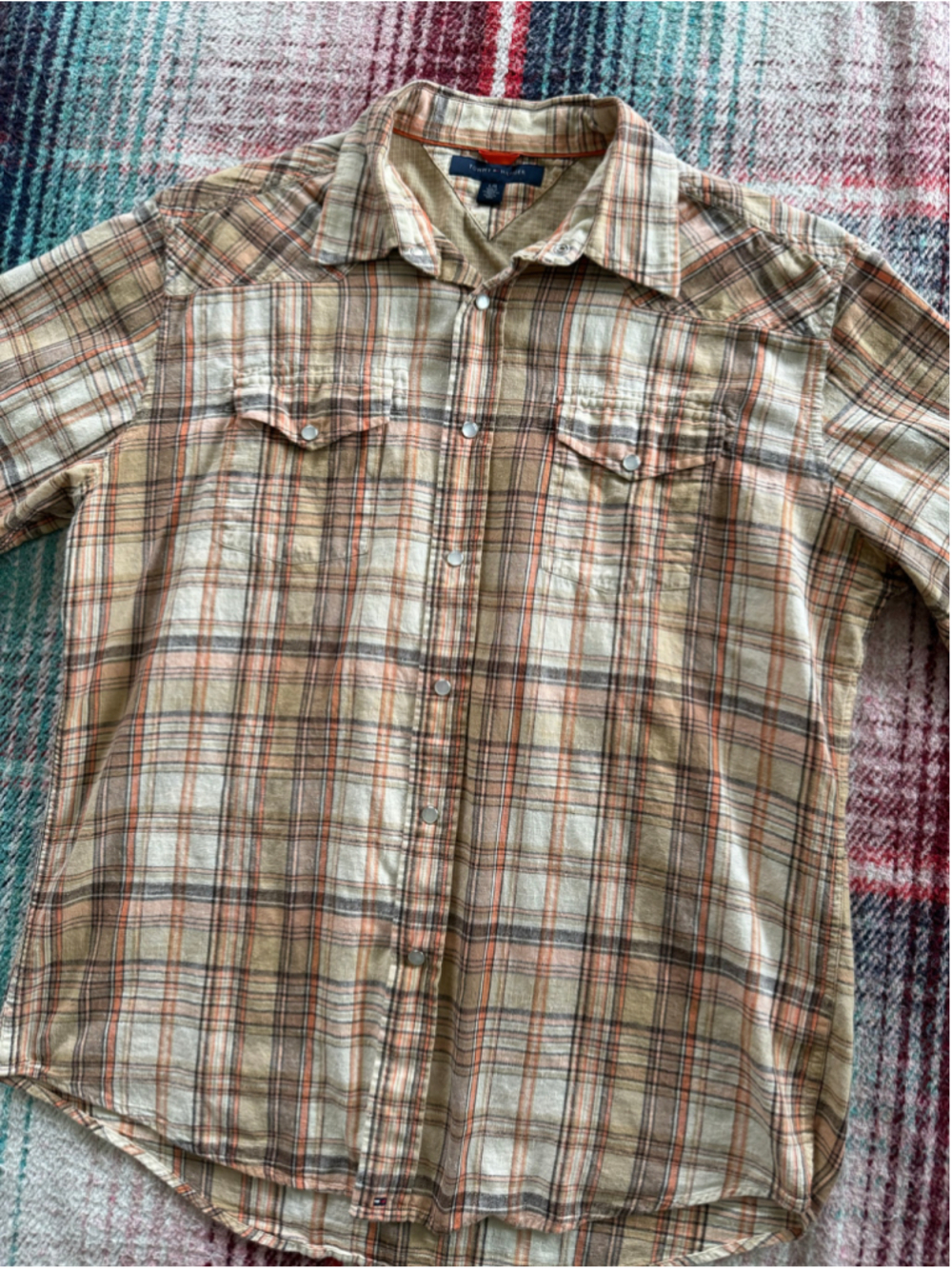 Vintage Tommy Hilfiger Tan/Orange Plaid Short Sleeve Pearl Snap Western Shirt L